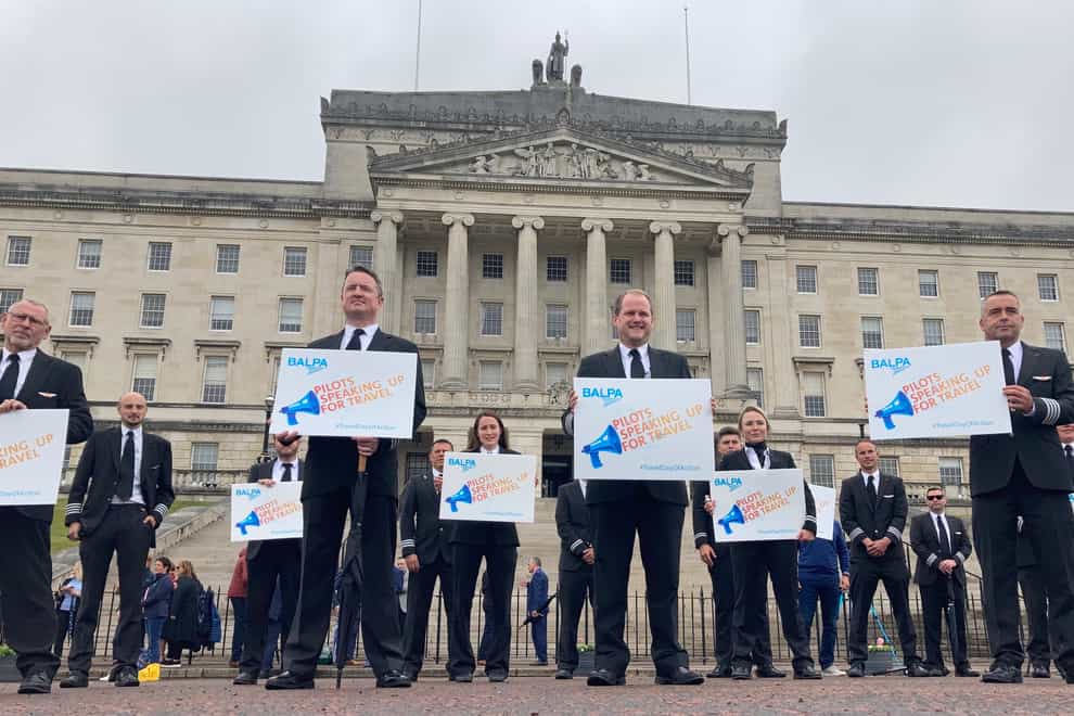 Pilots joined a travel industry demonstration at Stormont in Belfast