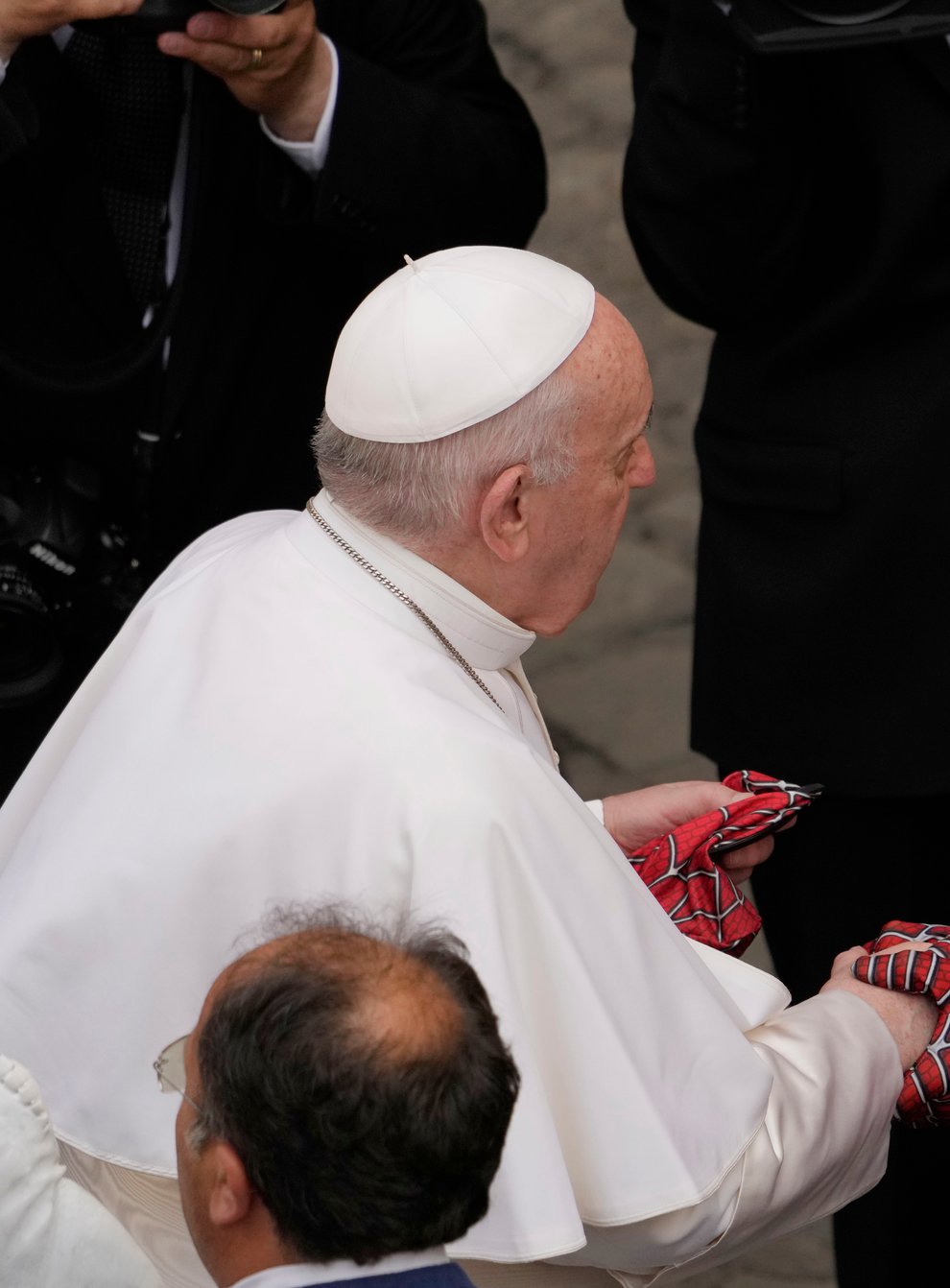 <p>Pope Francis meets 'Spider-Man' at his weekly audience at the Vatican</p>