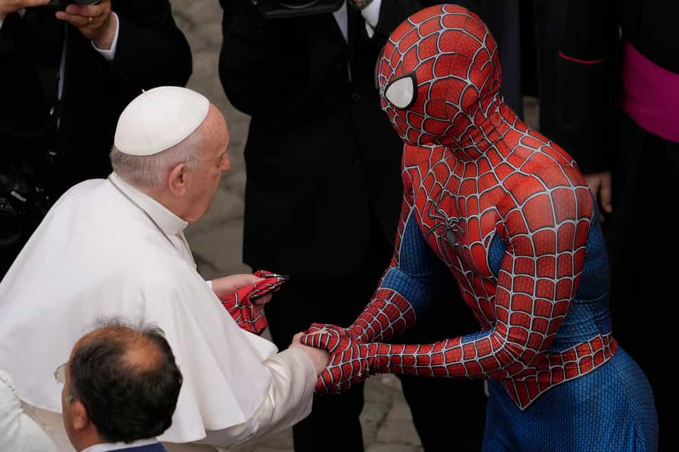 <p>Pope Francis meets 'Spider-Man' at his weekly audience at the Vatican</p>