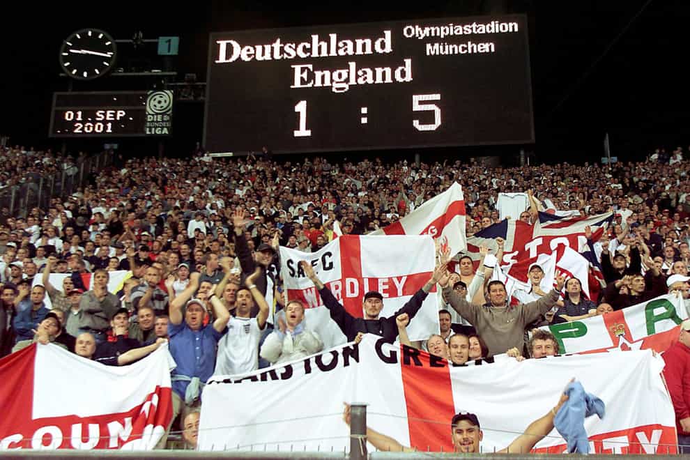 Munich's Olympic Stadium scoreboard shows Germany 1 England 5
