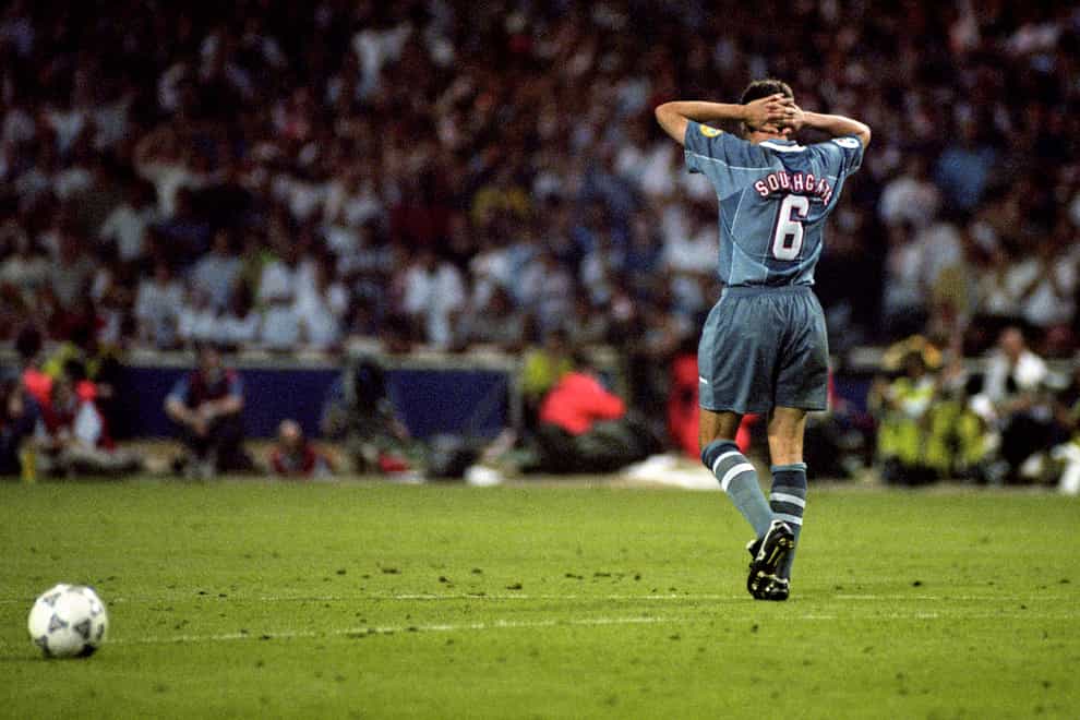 Gareth Southgate reacts after his Euro 96 penalty shoot-out miss against Germany