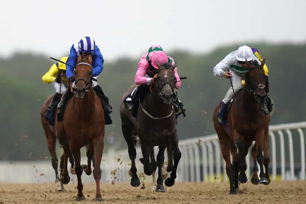 Zeyaadah (left) challenged late to win the William Hill Hoppings Fillies’ Stakes at Newcastl
