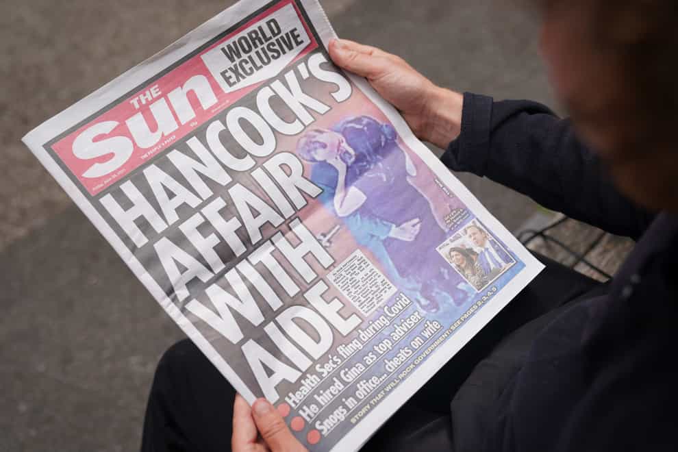 <p>The front page of The Sun which exposed Matt Hancock’s kiss with aide Gina Coladangelo</p>