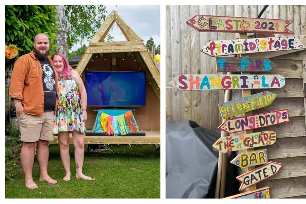 A homemade Pyramid Stage and Glastonbury signpost