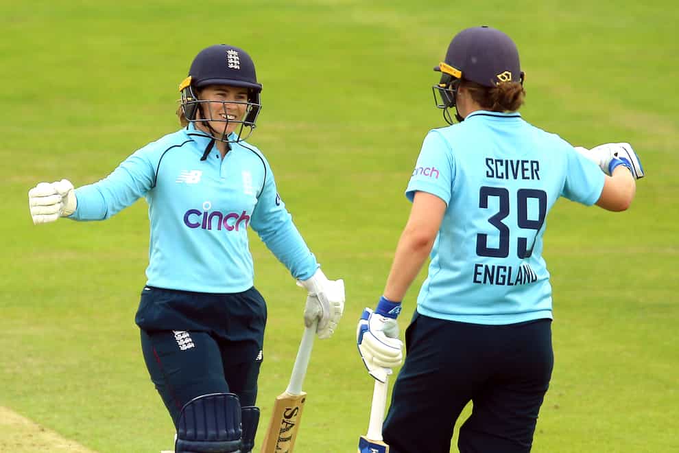 England’s Tammy Beaumont (left) and Nat Sciver celebrate victory
