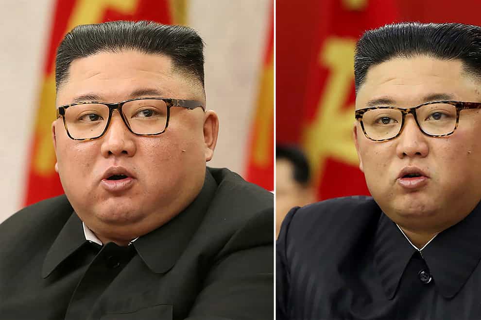 This combination of file photos provided by the North Korean government, shows North Korean leader Kim Jong Un at Workers’ Party meetings in Pyongyang, North Korea, on February 8 2021, left, and June 15 2021 (AP)
