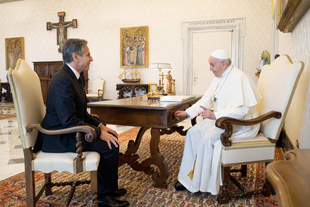 Pope Francis talks with US secretary ofsState Antony Blinken, (Vatican Media/PA)