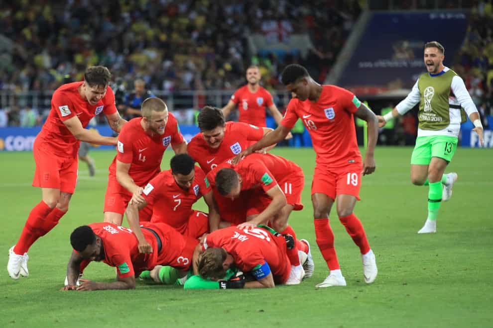 England celebrate after winning a penalty shootout against Colombia