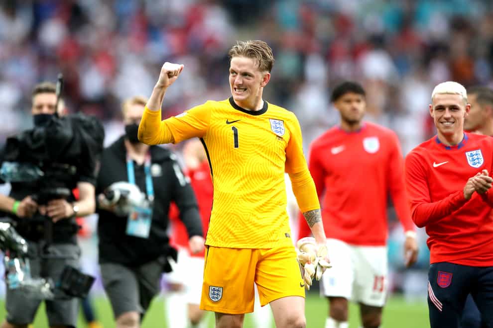 England goalkeeper Jordan Pickford celebrates after the match