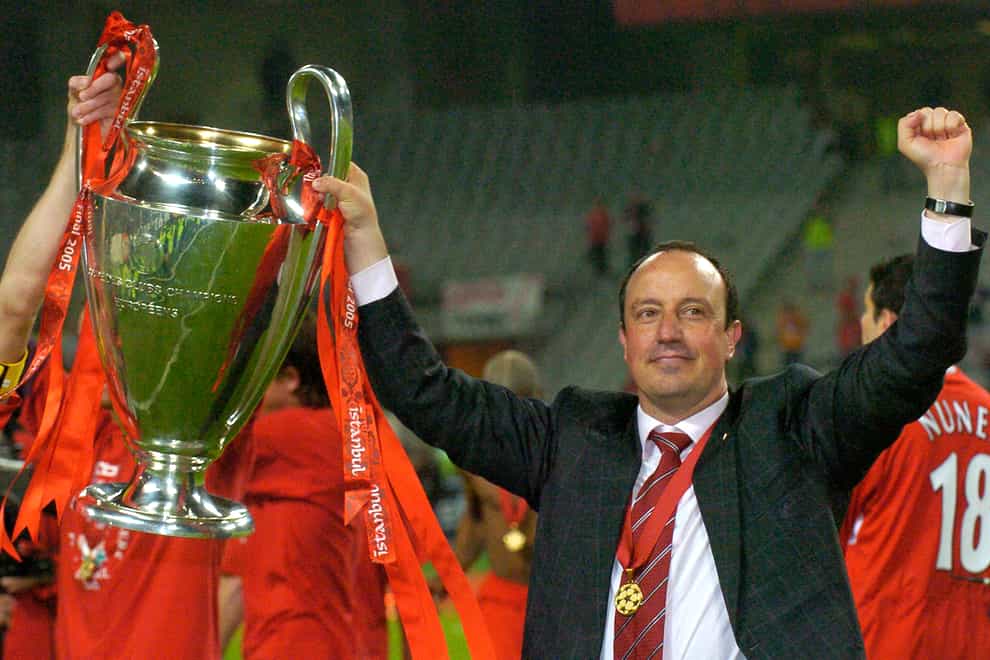 Rafael Benitez holds the Champions League trophy aloft after his 2005 victory with Liverpool