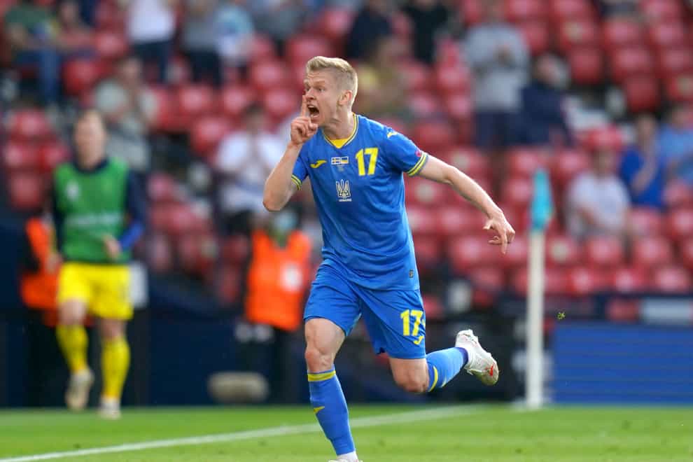 Oleksandr Zinchenko celebrates scoring against Sweden