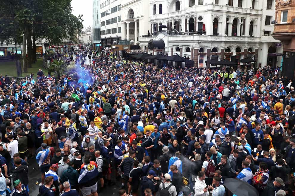 Scotland fans gathered in London's Leicester Square before the Euro 2020 match against England on June 18