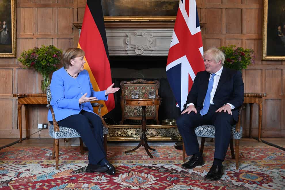 Prime Minister Boris Johnson with the Chancellor of Germany, Angela Merkel, before their bilateral meeting at Chequers (Stefan Rousseau/PA)