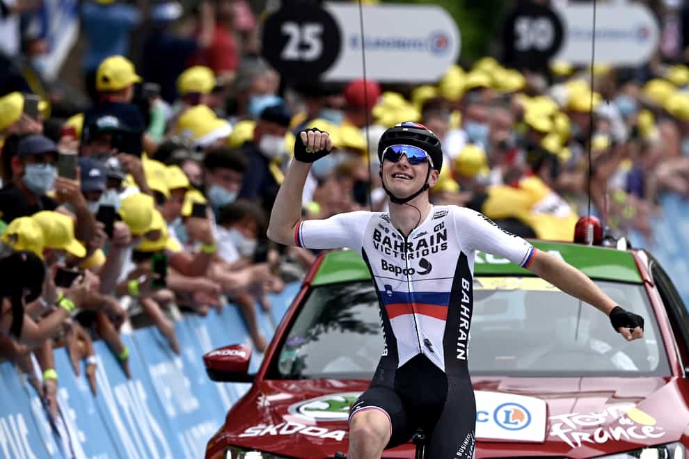 Matej Mohoric celebrates victory on stage seven of the Tour de France
