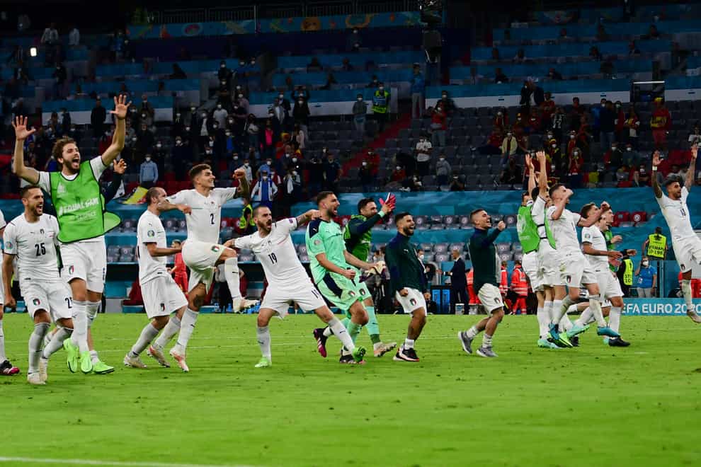 Italy's players celebrate after beating Belgium to reach the semi-finals of Euro 2020