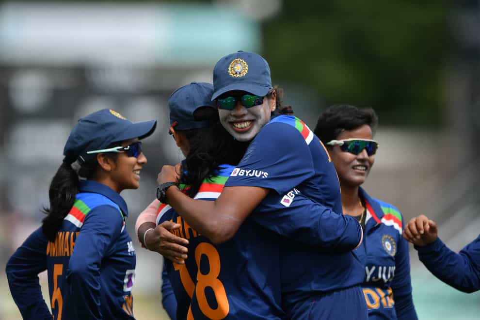 India’s Deepti Sharma, centre, celebrates against England