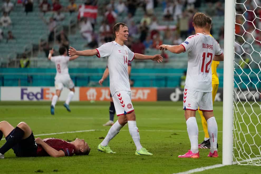 Denmark’s Kasper Dolberg (right) celebrates after scoring against the Czech Republic at Euro 2020