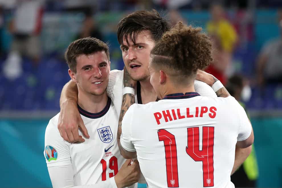 England’s Harry Maguire (centre) celebrates scoring against Ukraine at Euro 2020