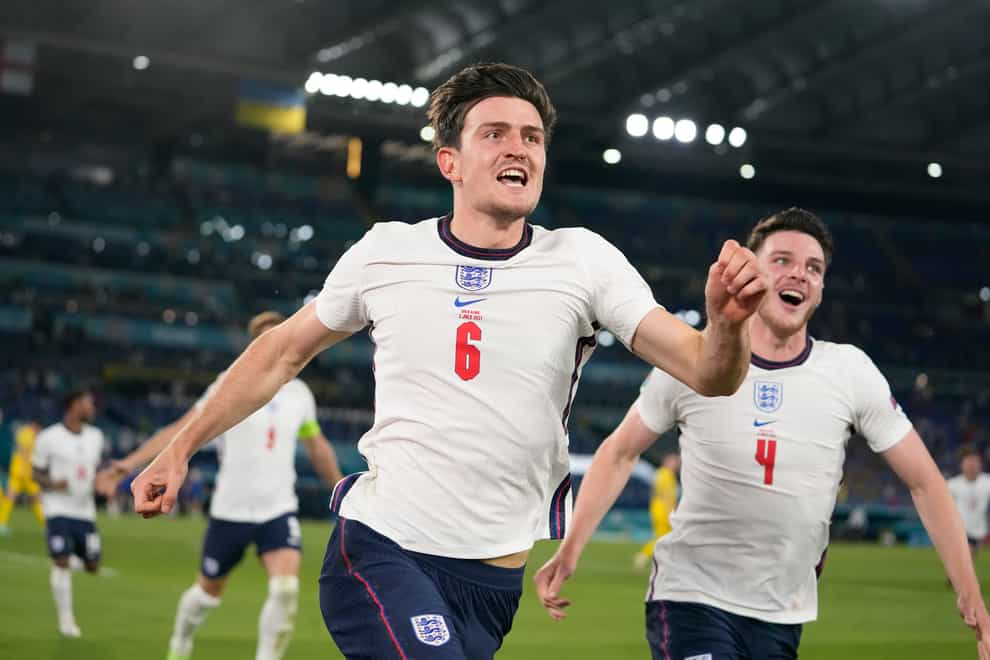 Harry Maguire celebrates his goal for England