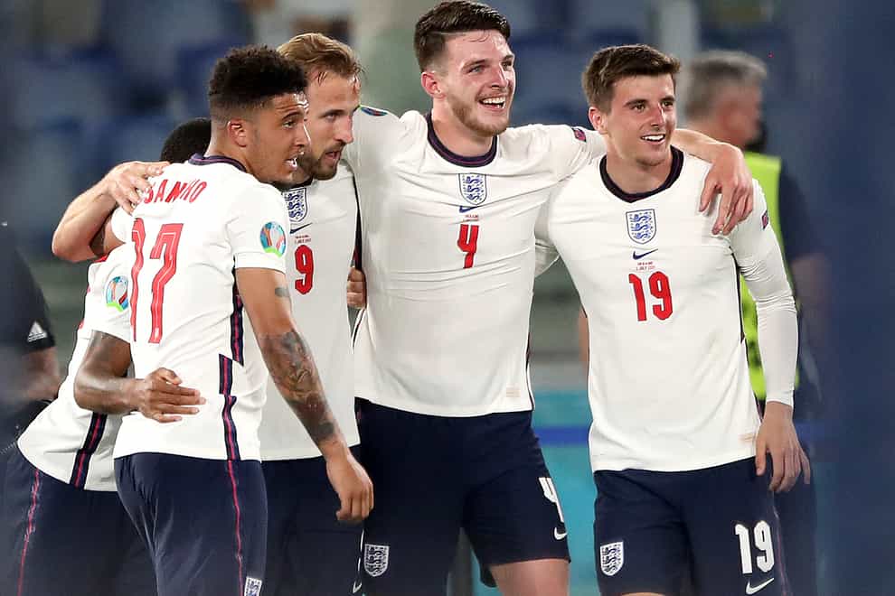 England players celebrate their third goal in Rome
