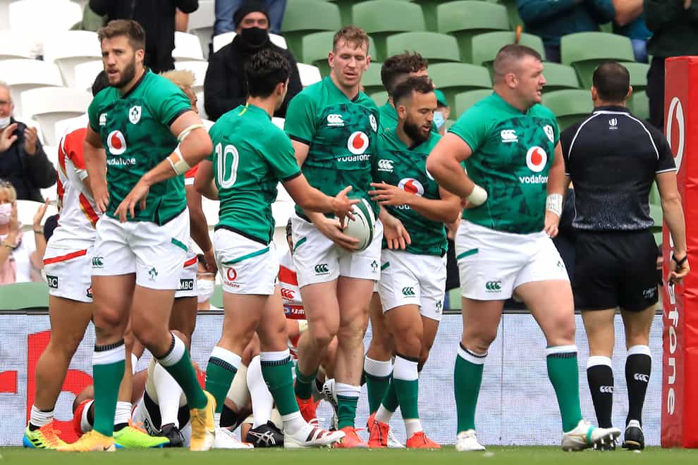 Chris Farrell, centre, scored Ireland's first try in the weekend victory over Japan before being forced off injured