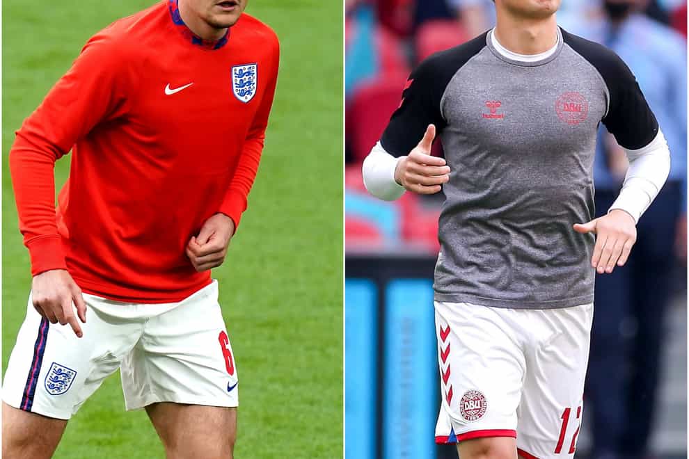 Harry Maguire, left, will be tasked with keeping Kasper Dolberg quiet