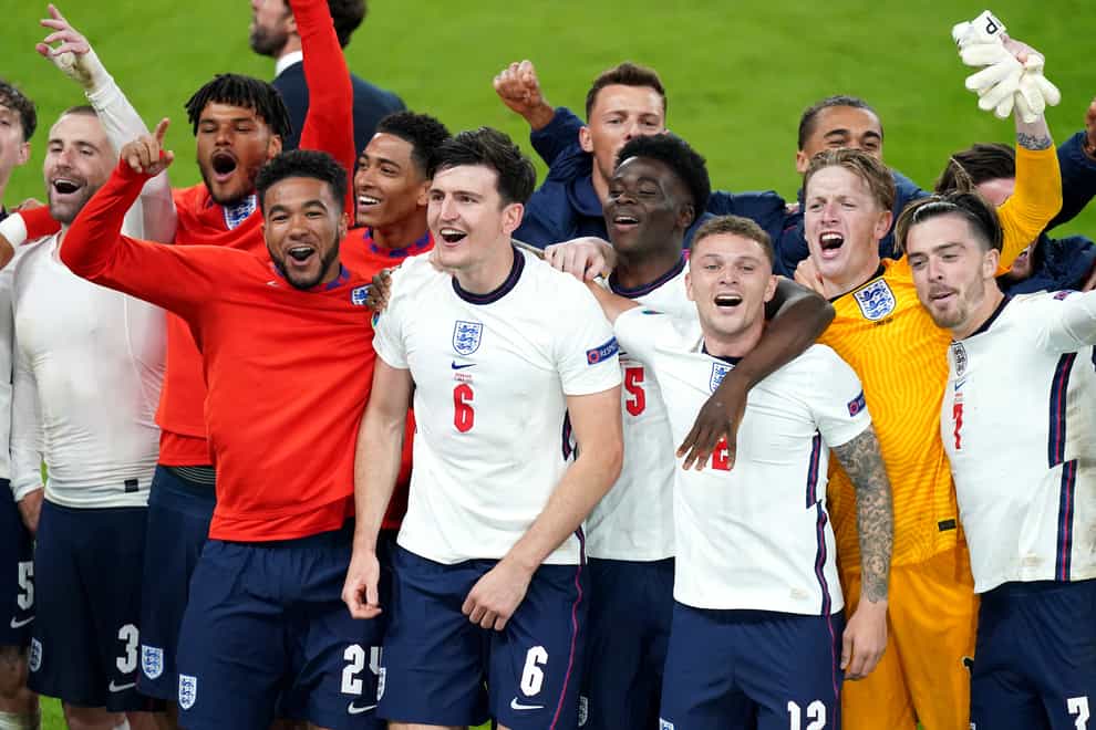 England celebrate winning the Euro 2020 semi-final match at Wembley (Mike Egerton/PA)