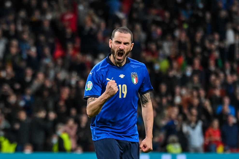 Italy’s Leonardo Bonucci reacts after scoring a penalty during Euro 2020 semi-final shoot-out against Spain at Wembley