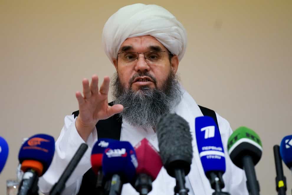 Mawlawi Shahabuddin Dilawar, member of a political delegation from the Afghan Taliban’s movement gestures during a news conference in Moscow, Russia (Alexander Zemlianichenko/AP)