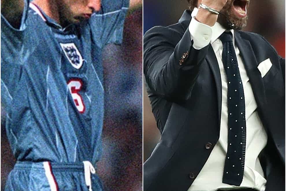 Gareth Southgate at Euro 96 (left) and Euro 2020