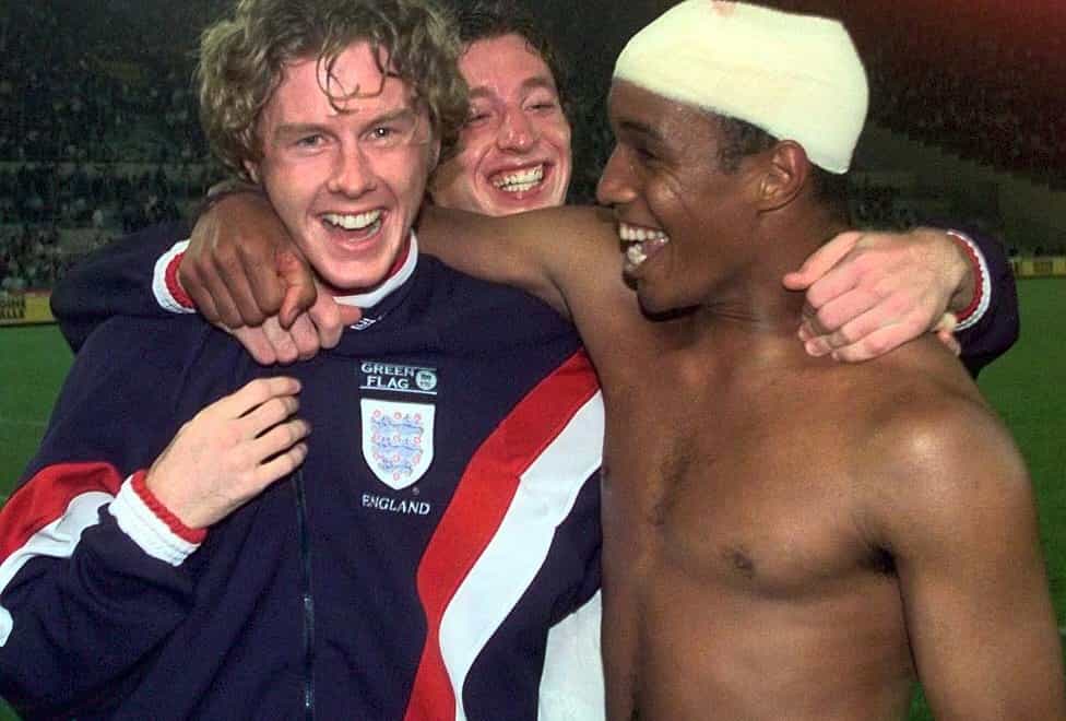 <p>Paul Ince celebrates with Steve McManaman in Rome</p>