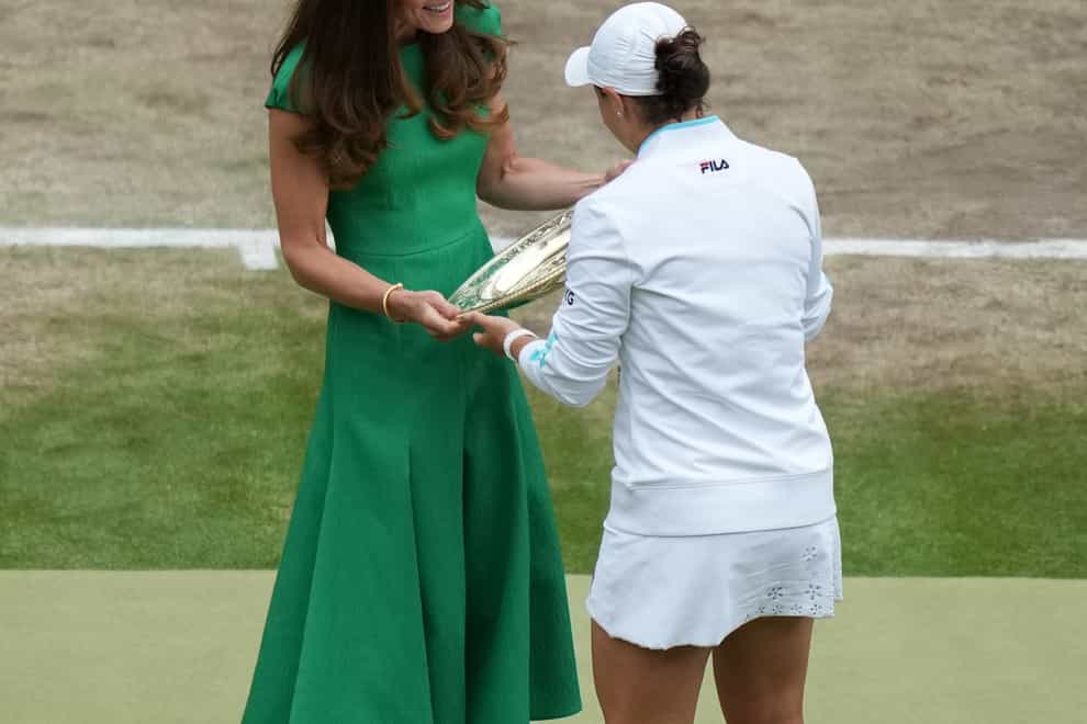 The Duchess of Cambridge presented Ashleigh Barty with the winning trophy at Wimbledon (Mike Hewitt/PA)