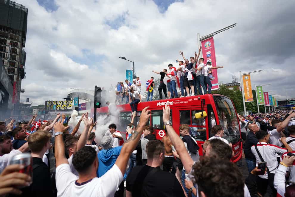 England fans on a double decker bus