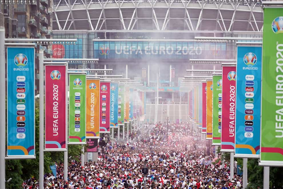 England fans congregated along Wembley Way hours ahead of the big game (Zac Goodwin/PA)