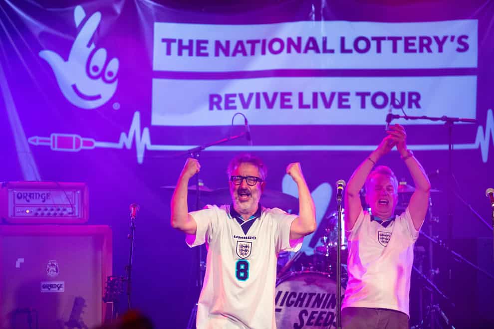 David Baddiel, Frank Skinner and Lighting Seeds perform their song Three Lions’ at a special gig for England fans ahead of the Euro 2020 final (David Parry/PA)