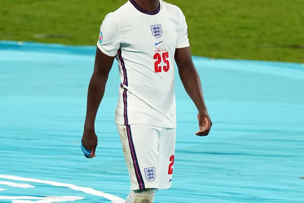 England’s Bukayo Saka stands dejected following the UEFA Euro 2020 Final at Wembley Stadium