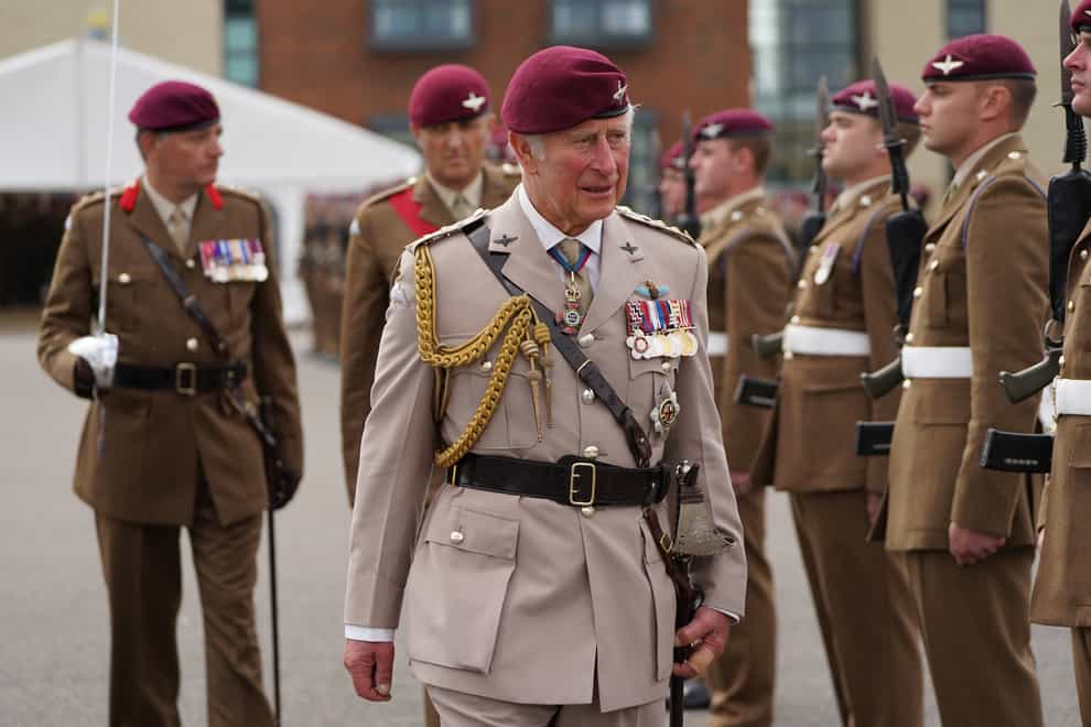 The Prince of Wales at the ceremony at Merville Barracks in Colchester (Kirsty O'Connor/PA)