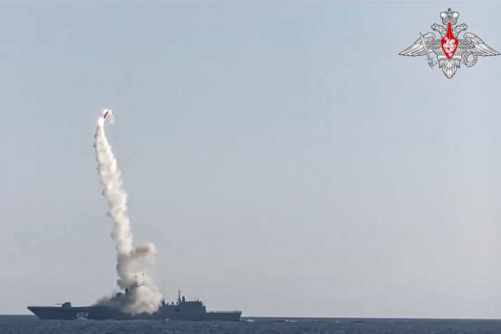 A new Zircon hypersonic cruise missile is launched by the frigate Admiral Gorshkov (Russian defence ministry/AP)