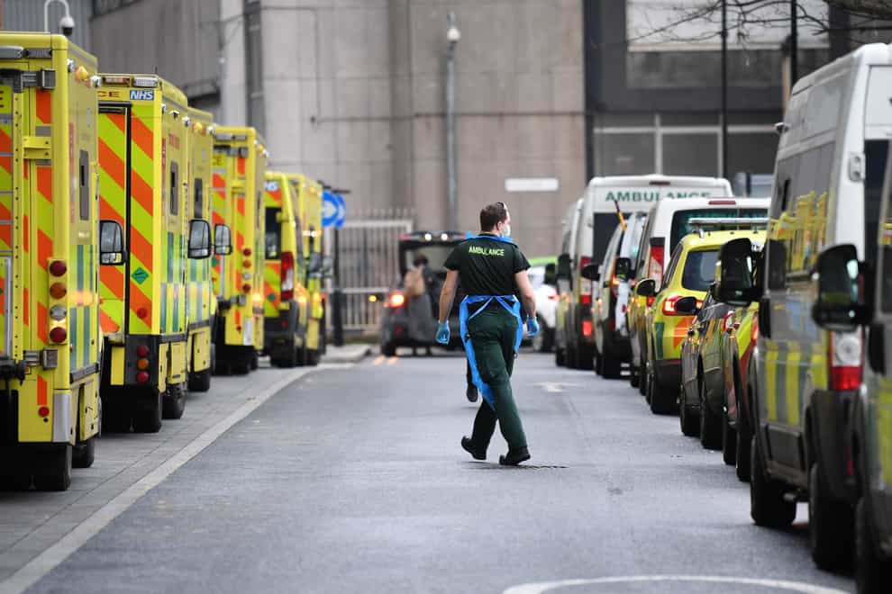 Ambulances at Whitechapel hospital in London during the second wave of coronavirus in January (Stefan Rousseau/PA)