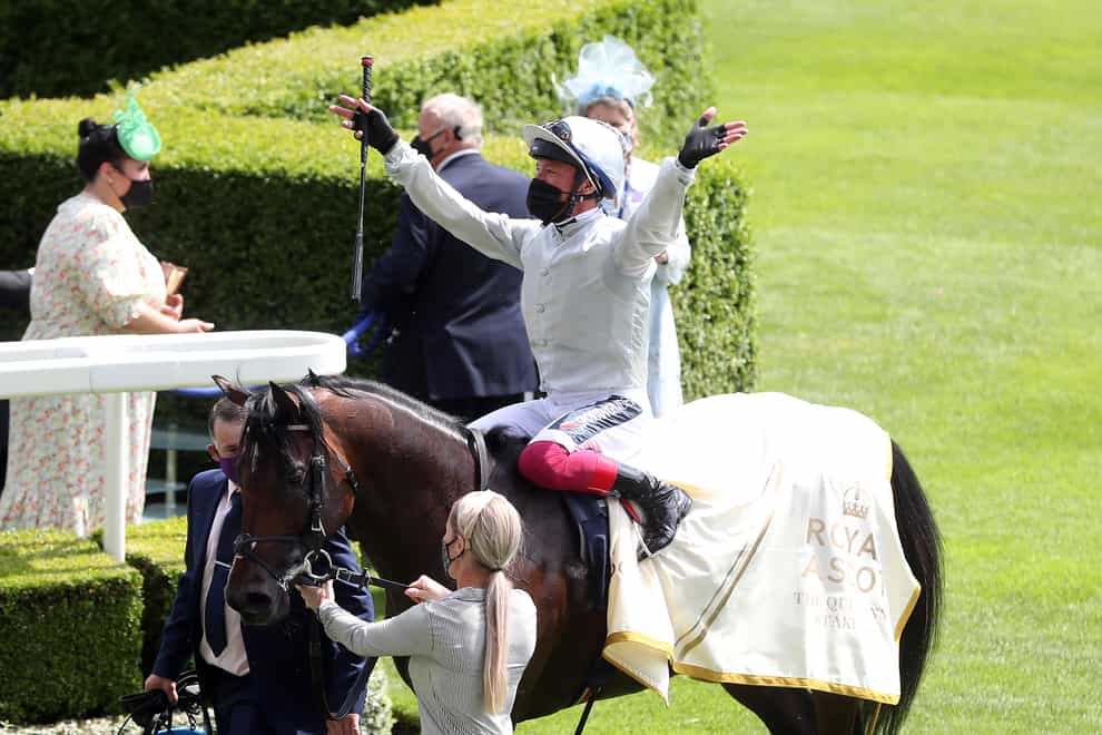 Frankie Dettori celebrates winning the Queen Anne Stakes on Palace Pier at Royal Ascot