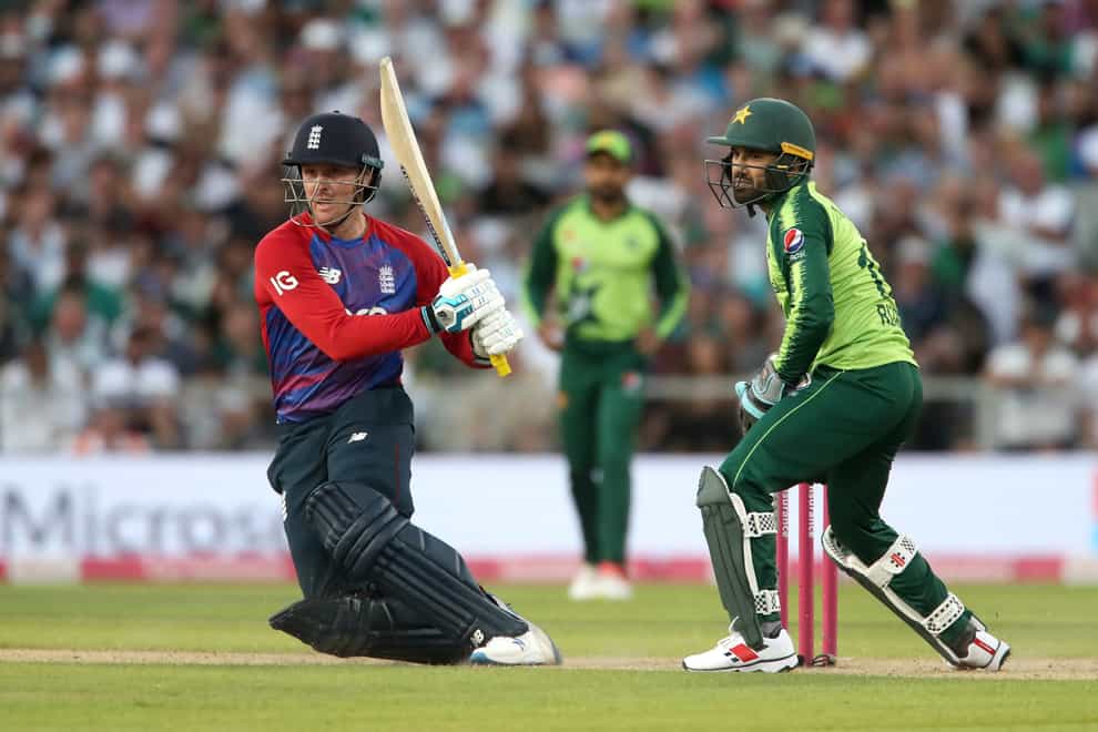 Jason Roy, left, hits out against Pakistan