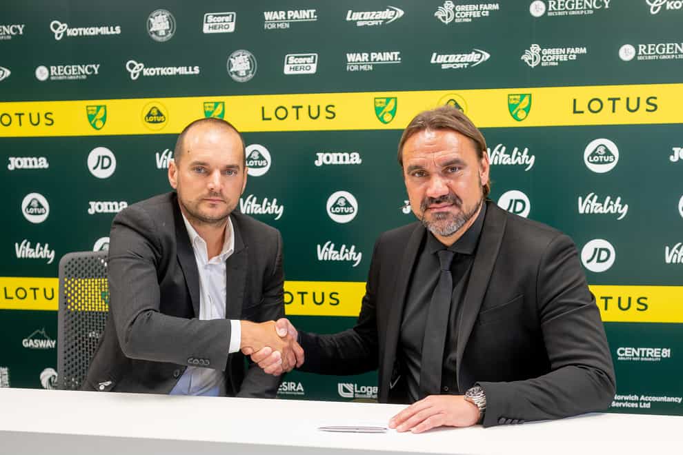 Norwich head coach Daniel Farke has signed a new contract at the club, pictured on right, alongside sporting director Stuart Webber (Matthew Usher/Norwich City FC/PA handout)