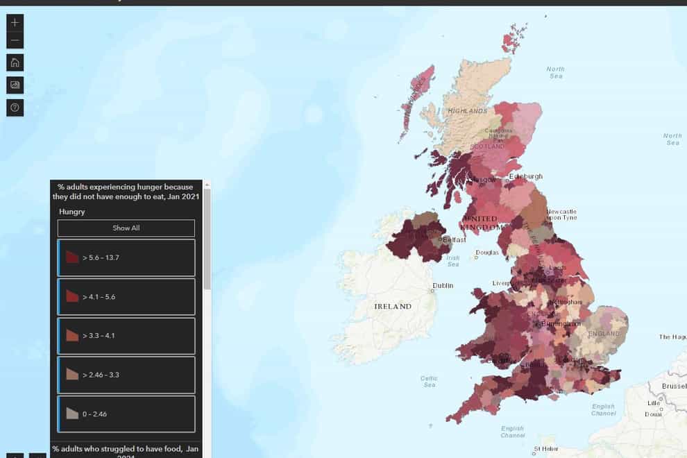 A map indicating local food insecurity in adults in the UK (University of Sheffield/PA)