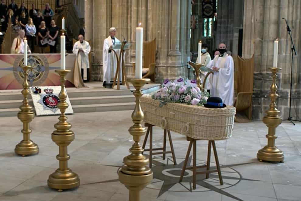 PCSO Julia James’s coffin rests in front of the altar during her funeral service at Canterbury Cathedral (Canterbury Cathedral/PA)