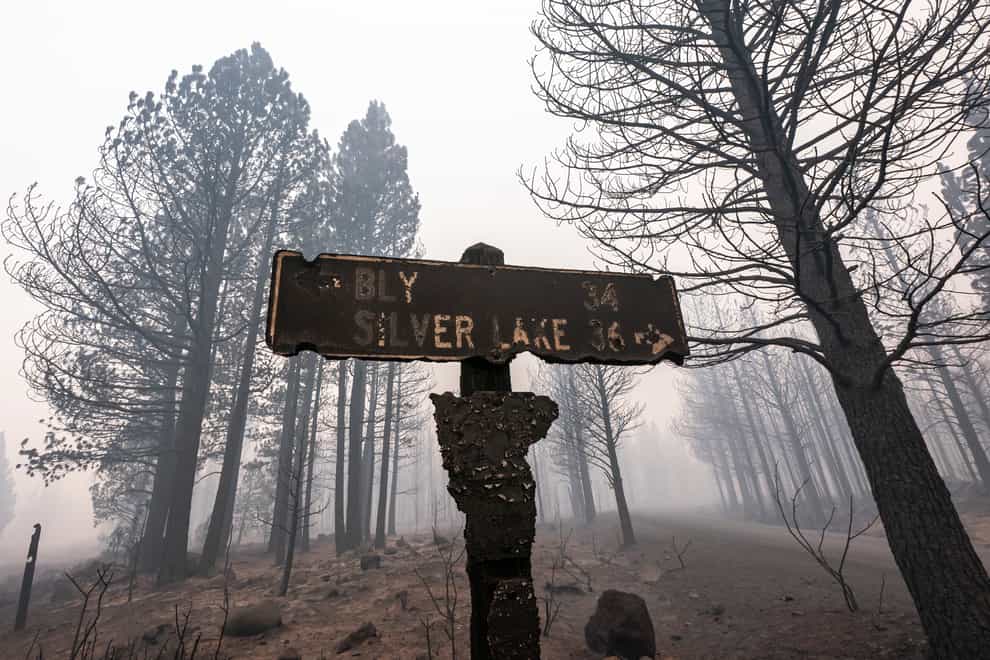 A sign damaged by the Bootleg Fire stands among the haze near Paisley, Oregon (Nathan Howard/AP)