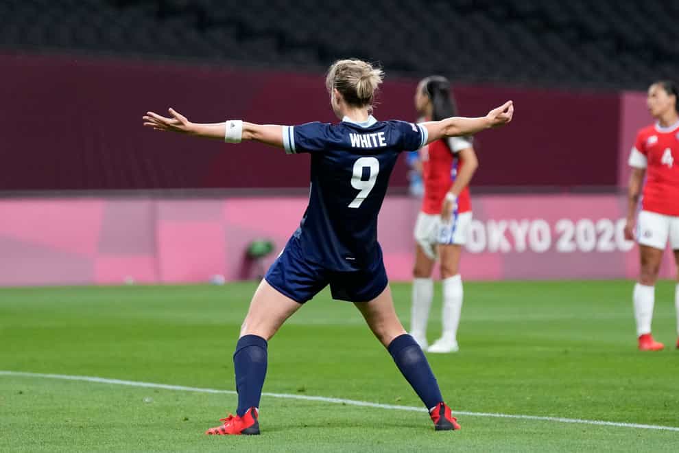 Team GB’s Ellen White celebrates her winner against Japan (Silvia Izquierdo/AP)
