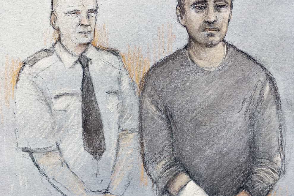 Court artist sketch of Thomas Schreiber, 34, (right) who has been charged with the murder of Sir Richard Sutton (Elizabeth Cook/PA)