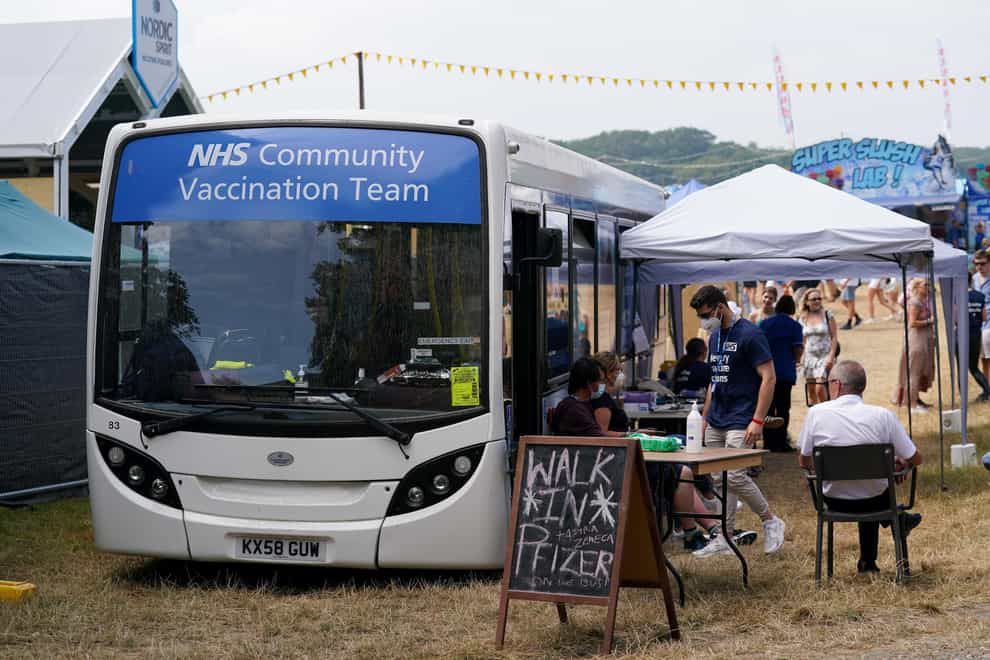 A Covid-19 vaccination bus at Latitude festival in Henham Park, Southwold, Suffolk (Jacob King/PA)