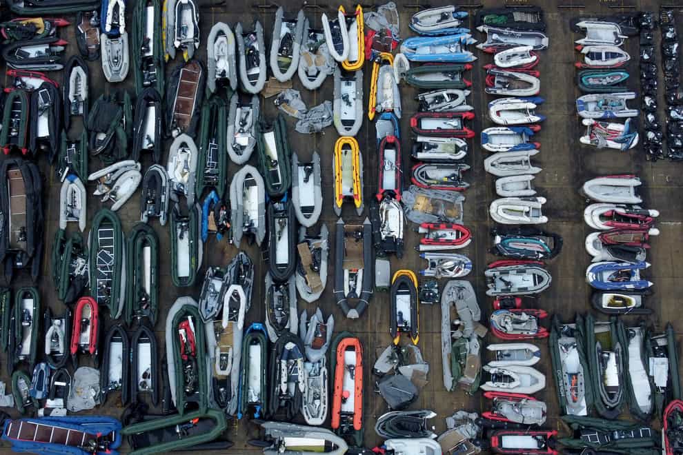 One of two areas now being used at a warehouse facility in Dover, Kent, for boats used by people thought to be migrants (Gareth Fuller/PA)