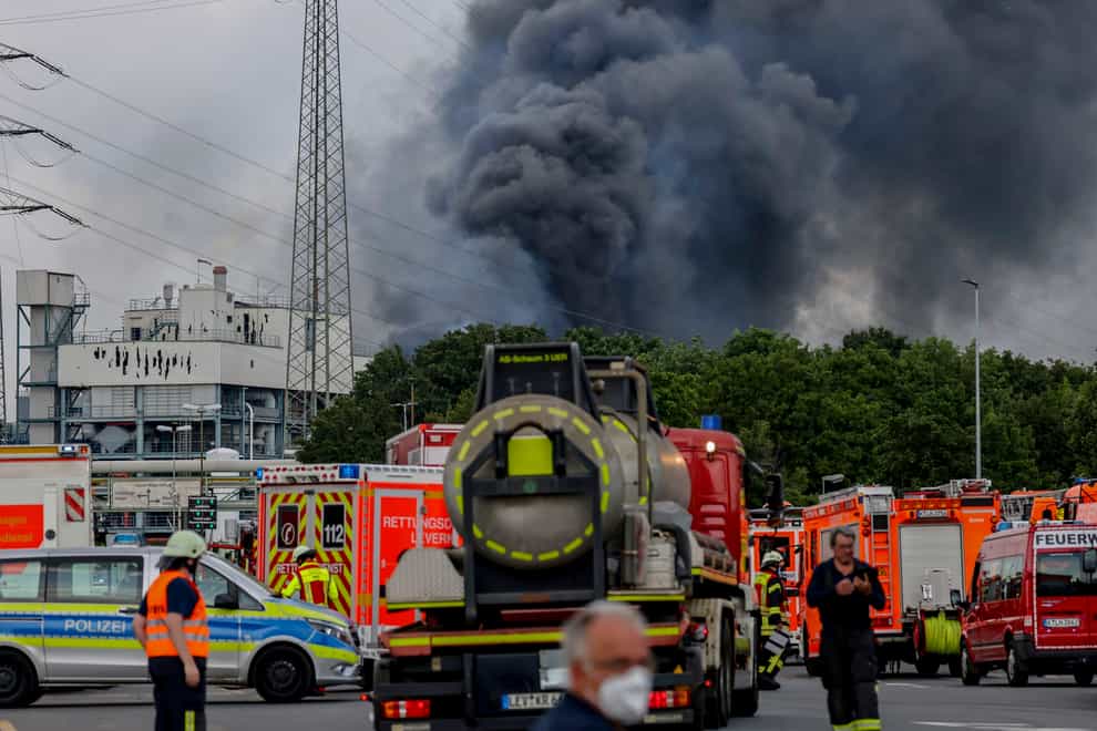 Emergency vehicles near the Chempark site in Leverkusen, Germany (Oliver Berg/dpa via AP)